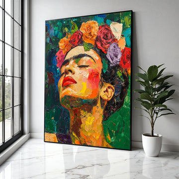 Vibrant Frida Inspired Portrait Canvas, Colorful Flower Crown Wall Art, Abstract Expressionist Canvas, Modern Gift Art, Home Decor, Print