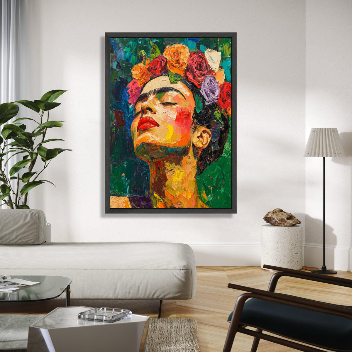 Vibrant Frida Inspired Portrait Canvas, Colorful Flower Crown Wall Art, Abstract Expressionist Canvas, Modern Gift Art, Home Decor, Print