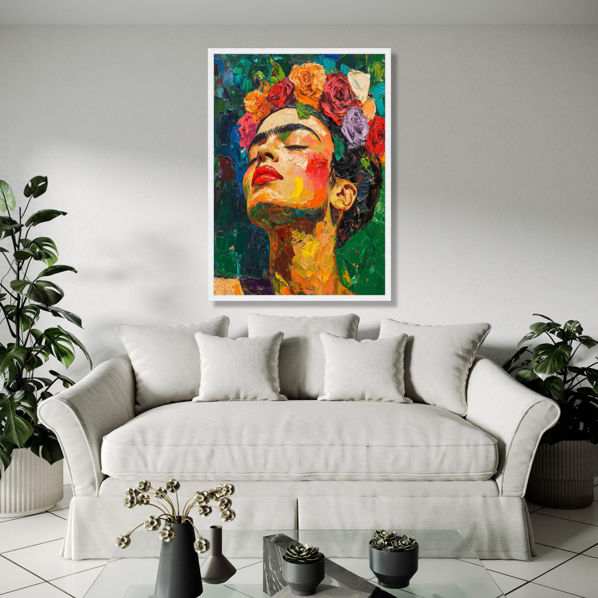 Vibrant Frida Inspired Portrait Canvas, Colorful Flower Crown Wall Art, Abstract Expressionist Canvas, Modern Gift Art, Home Decor, Print