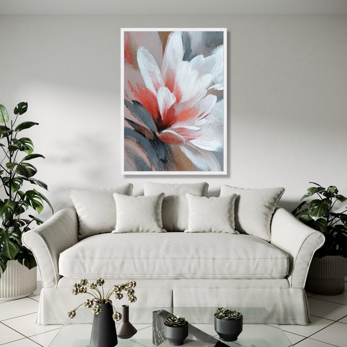 Abstract Floral Canvas Wall Art, Red and White Flower Painting, Modern Botanical Canvas, Home Decor Accent, Gift Art, Home Decor, Print