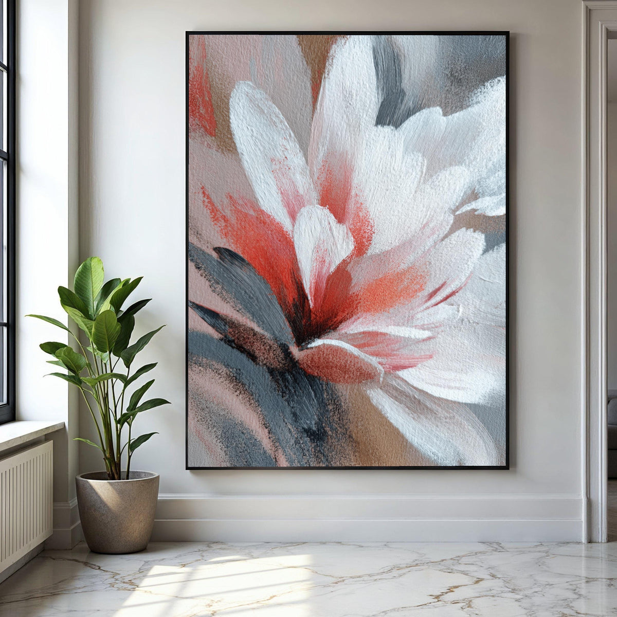 Abstract Floral Canvas Wall Art, Red and White Flower Painting, Modern Botanical Canvas, Home Decor Accent, Gift Art, Home Decor, Print