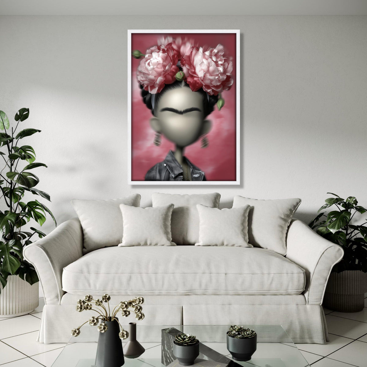 Modern Frida Kahlo Inspired Portrait Canvas, Floral Headpiece Wall Art, Contemporary Mexican Art Decor, Unique Gift Art, Home Decor, Print