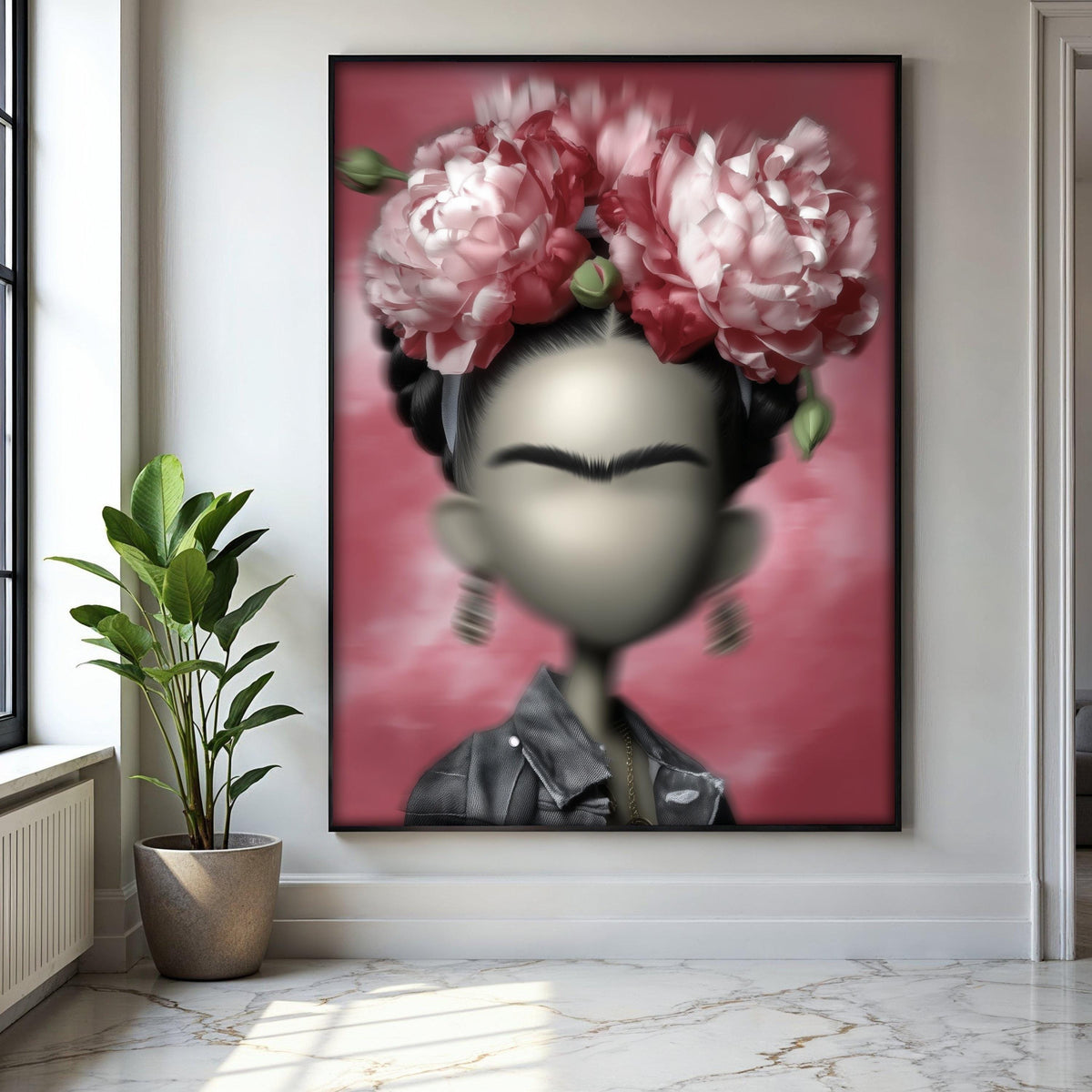 Modern Frida Kahlo Inspired Portrait Canvas, Floral Headpiece Wall Art, Contemporary Mexican Art Decor, Unique Gift Art, Home Decor, Print