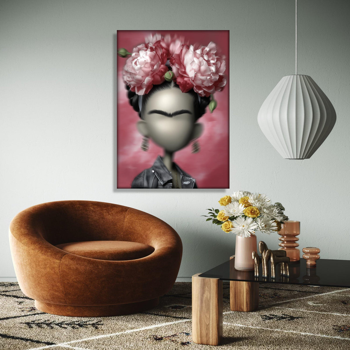 Modern Frida Kahlo Inspired Portrait Canvas, Floral Headpiece Wall Art, Contemporary Mexican Art Decor, Unique Gift Art, Home Decor, Print