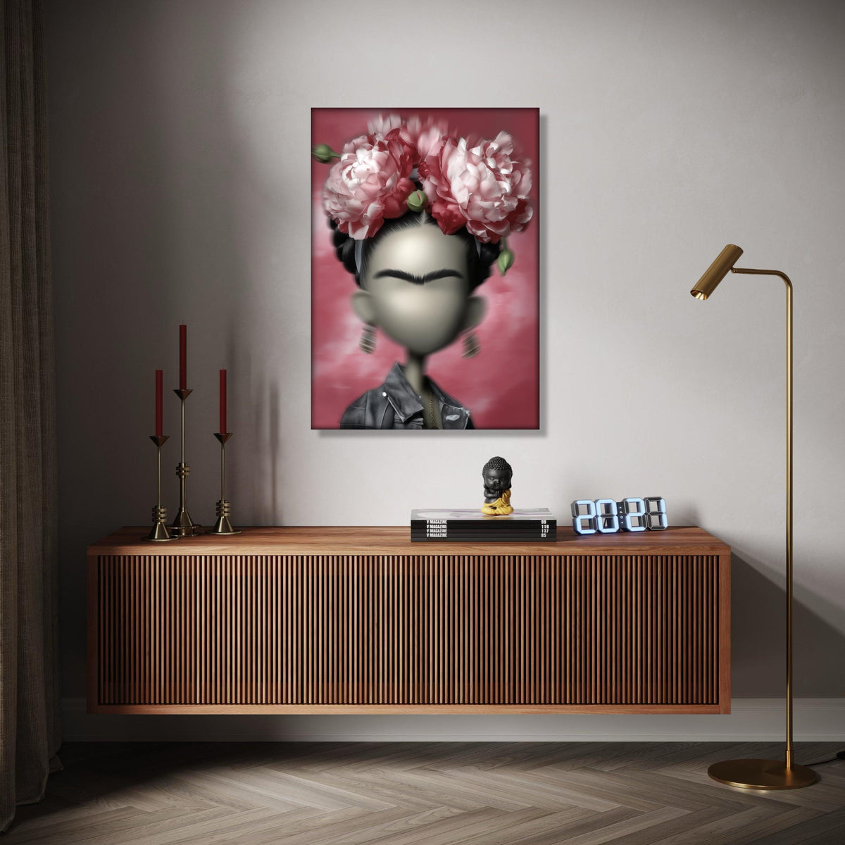 Modern Frida Kahlo Inspired Portrait Canvas, Floral Headpiece Wall Art, Contemporary Mexican Art Decor, Unique Gift Art, Home Decor, Print