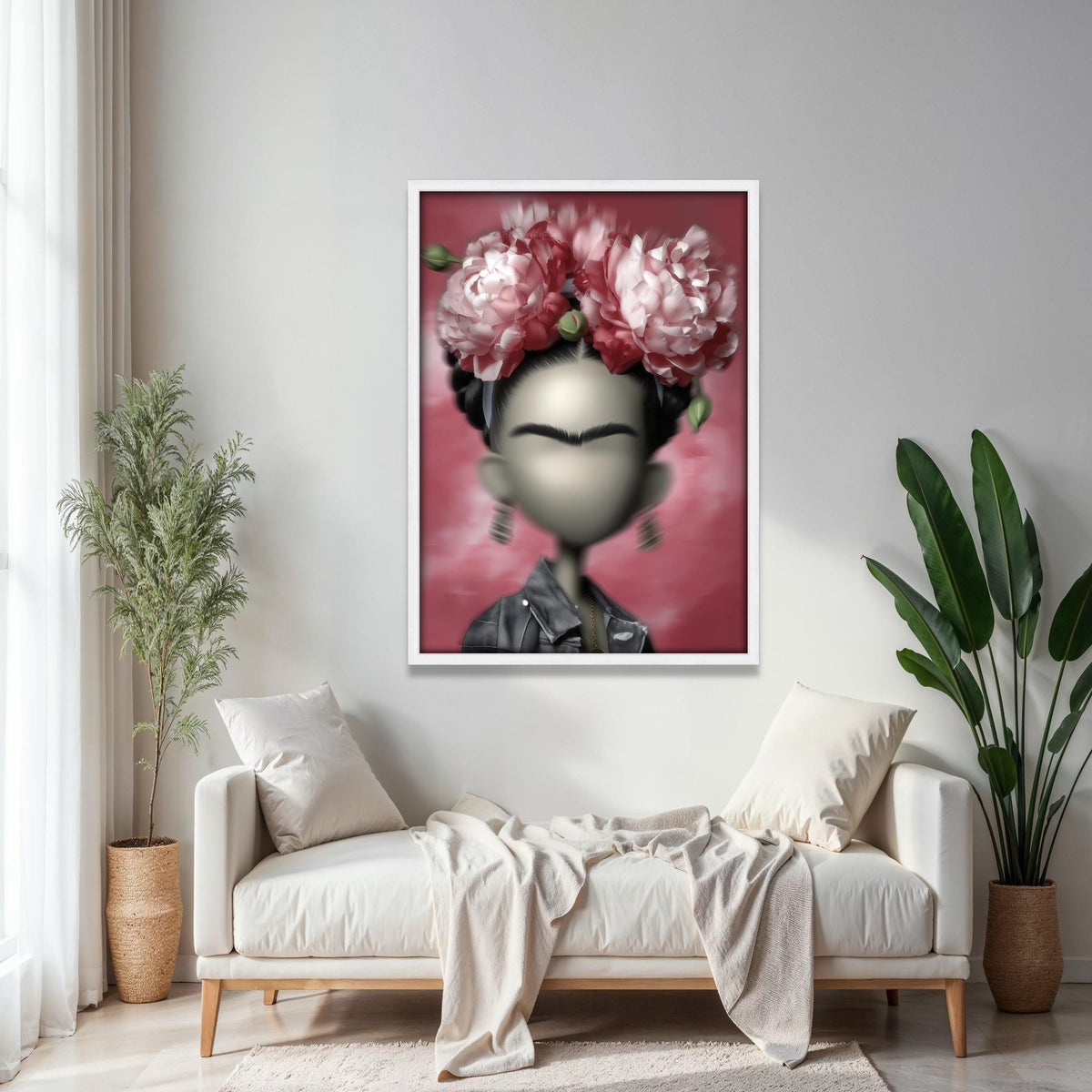 Modern Frida Kahlo Inspired Portrait Canvas, Floral Headpiece Wall Art, Contemporary Mexican Art Decor, Unique Gift Art, Home Decor, Print
