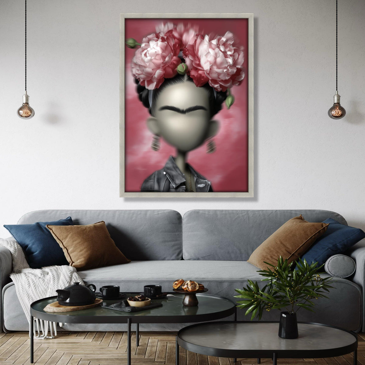 Modern Frida Kahlo Inspired Portrait Canvas, Floral Headpiece Wall Art, Contemporary Mexican Art Decor, Unique Gift Art, Home Decor, Print