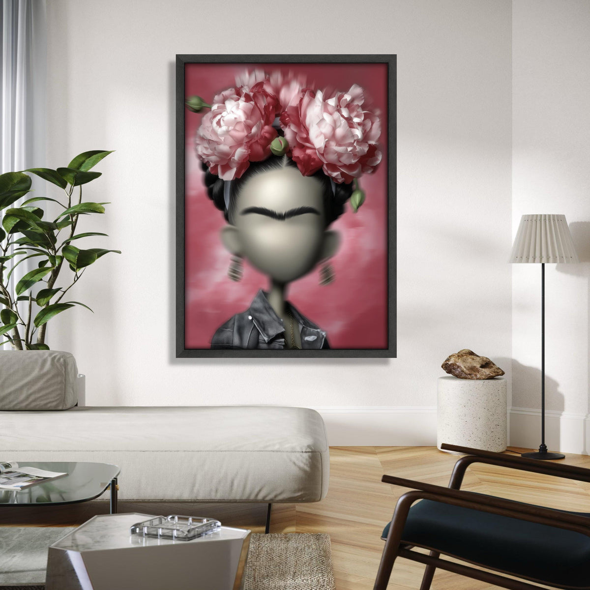 Modern Frida Kahlo Inspired Portrait Canvas, Floral Headpiece Wall Art, Contemporary Mexican Art Decor, Unique Gift Art, Home Decor, Print