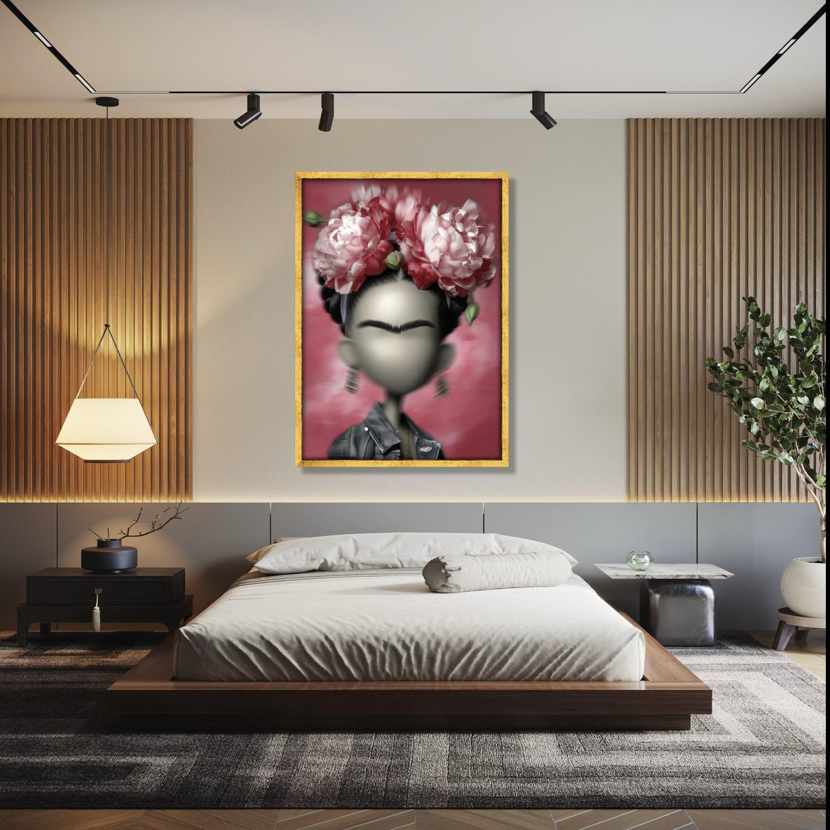 Modern Frida Kahlo Inspired Portrait Canvas, Floral Headpiece Wall Art, Contemporary Mexican Art Decor, Unique Gift Art, Home Decor, Print