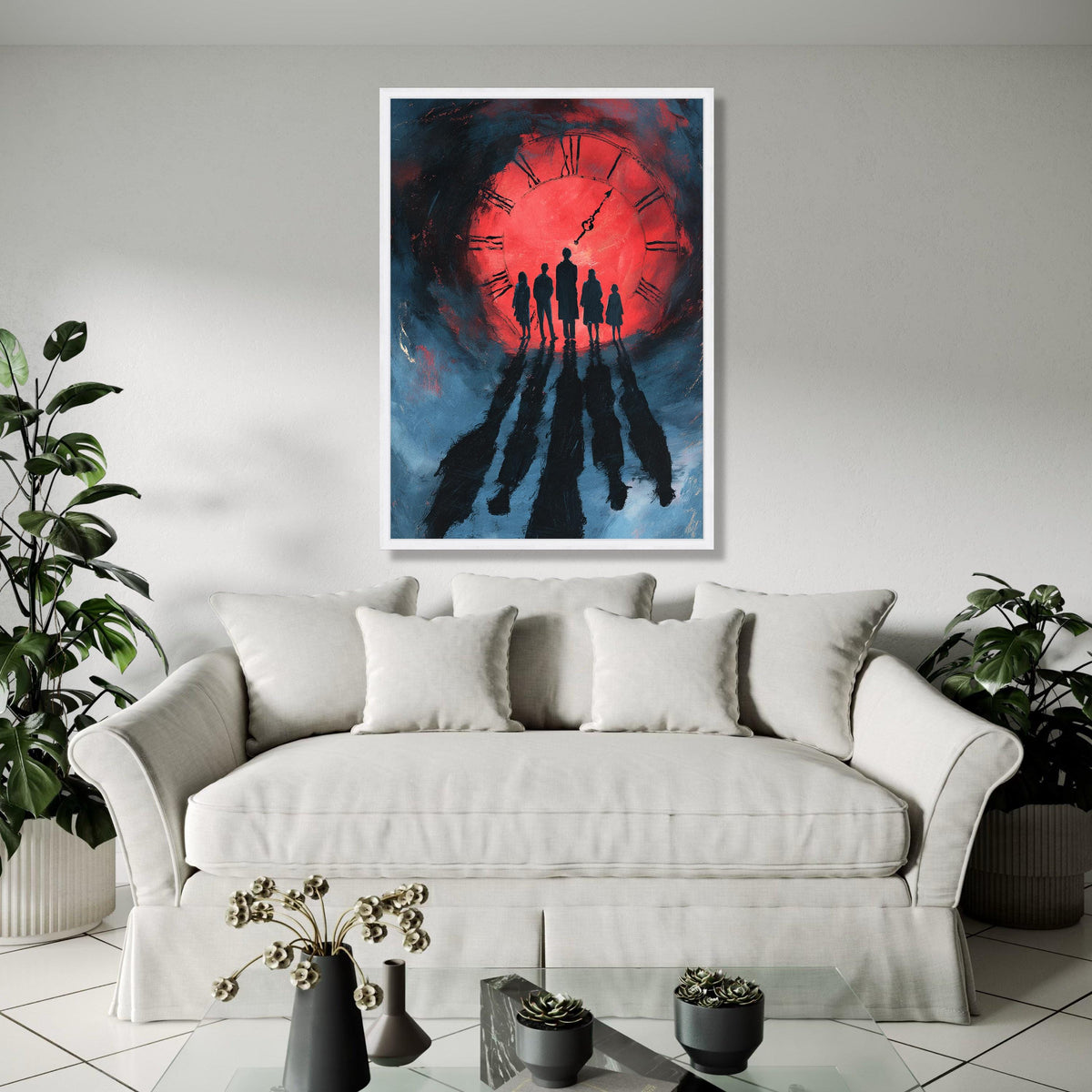 Silhouetted Figures at Red Clock Canvas, Dramatic Shadow Wall Art, Time Concept Painting, Modern Home Decor Gift Art, Home Decor, Print