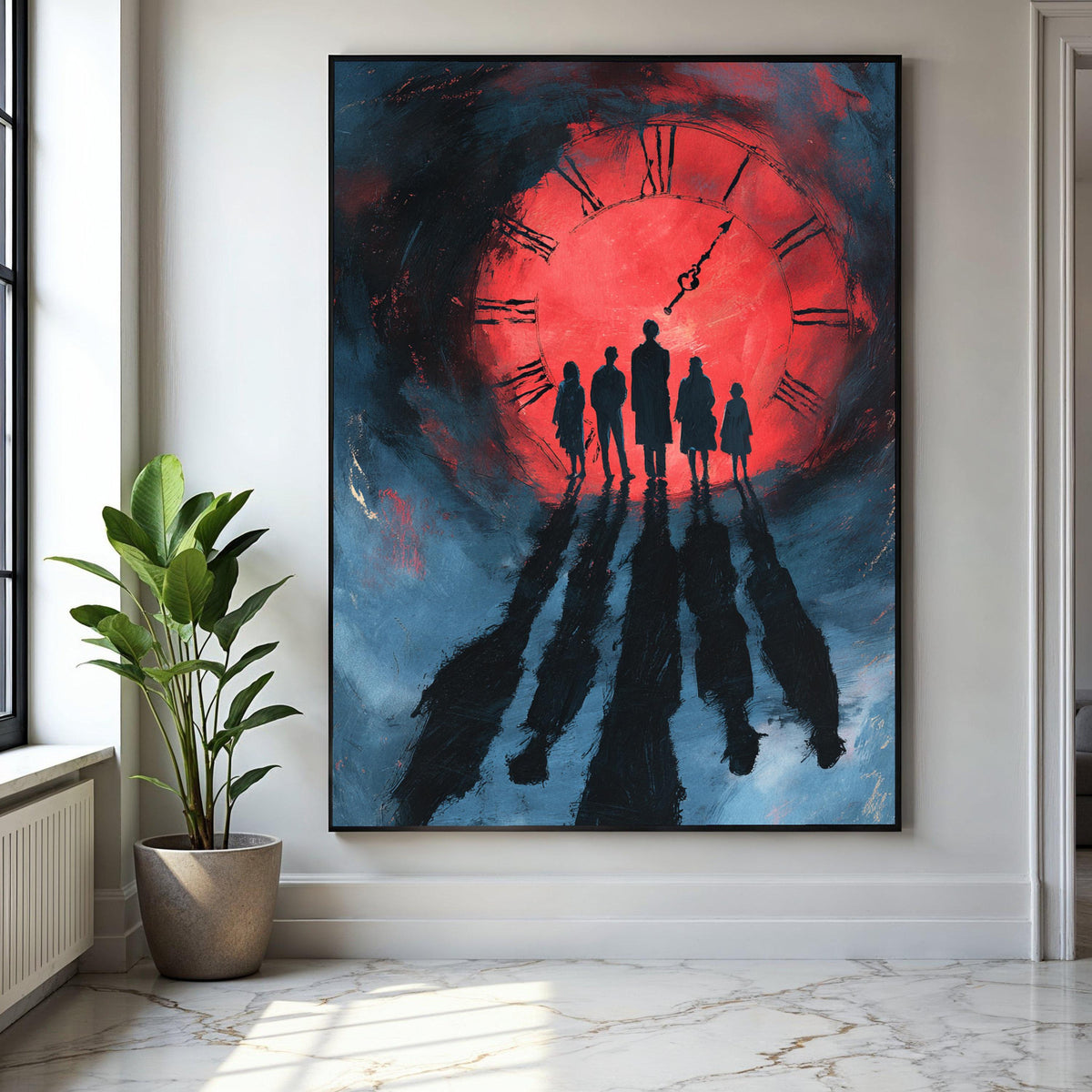 Silhouetted Figures at Red Clock Canvas, Dramatic Shadow Wall Art, Time Concept Painting, Modern Home Decor Gift Art, Home Decor, Print