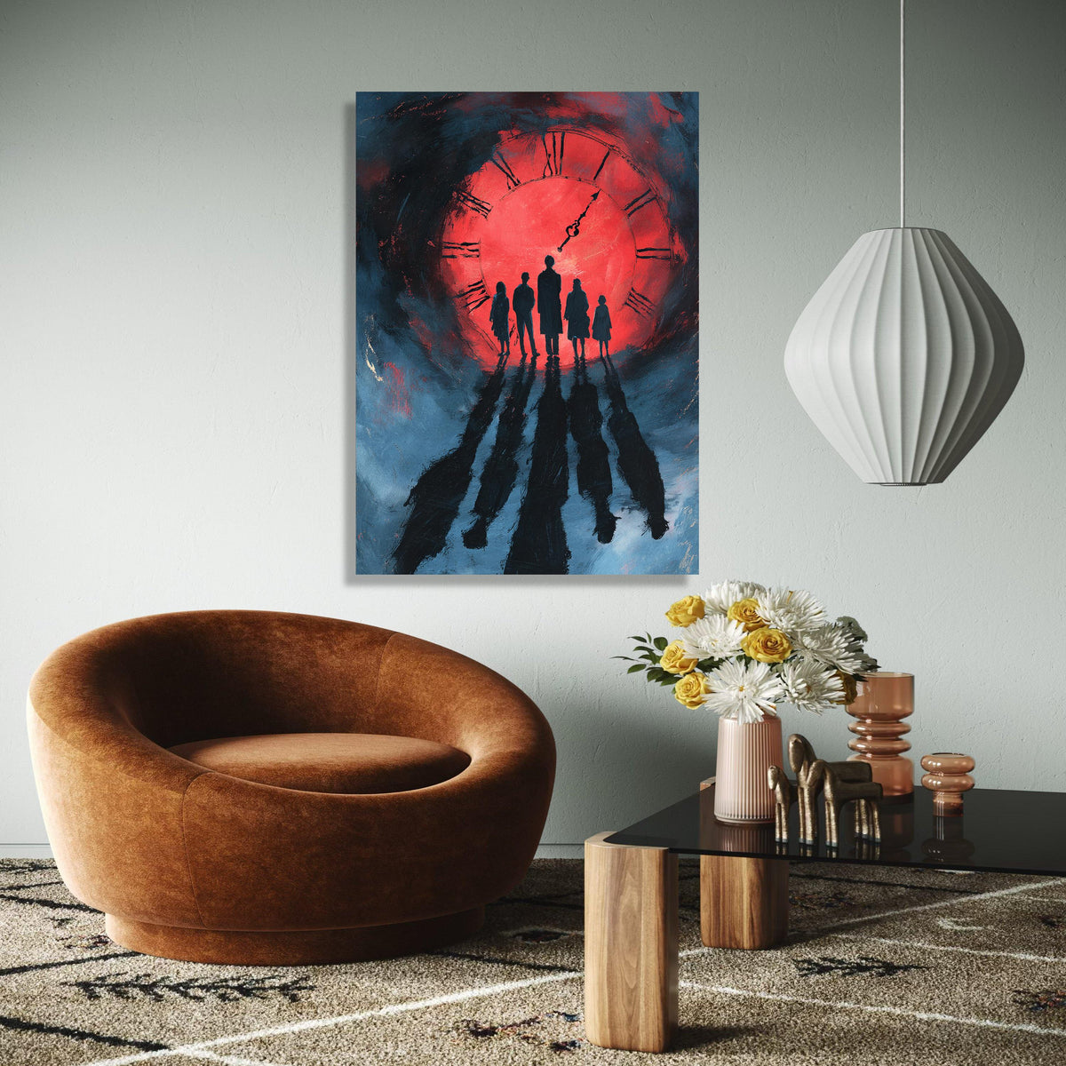 Silhouetted Figures at Red Clock Canvas, Dramatic Shadow Wall Art, Time Concept Painting, Modern Home Decor Gift Art, Home Decor, Print