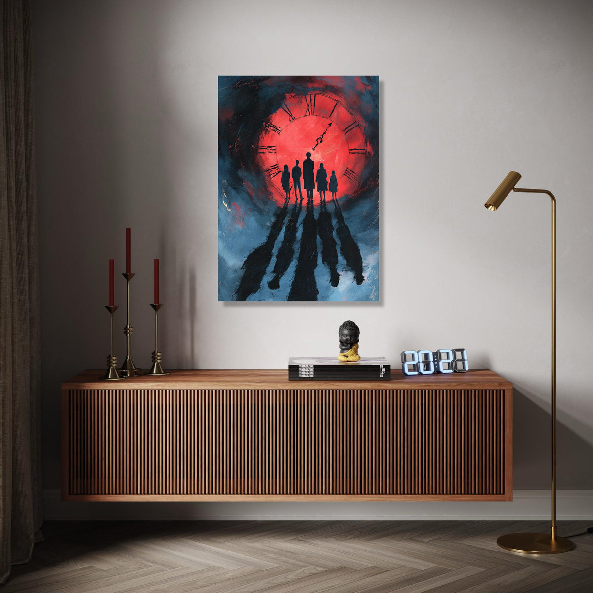 Silhouetted Figures at Red Clock Canvas, Dramatic Shadow Wall Art, Time Concept Painting, Modern Home Decor Gift Art, Home Decor, Print