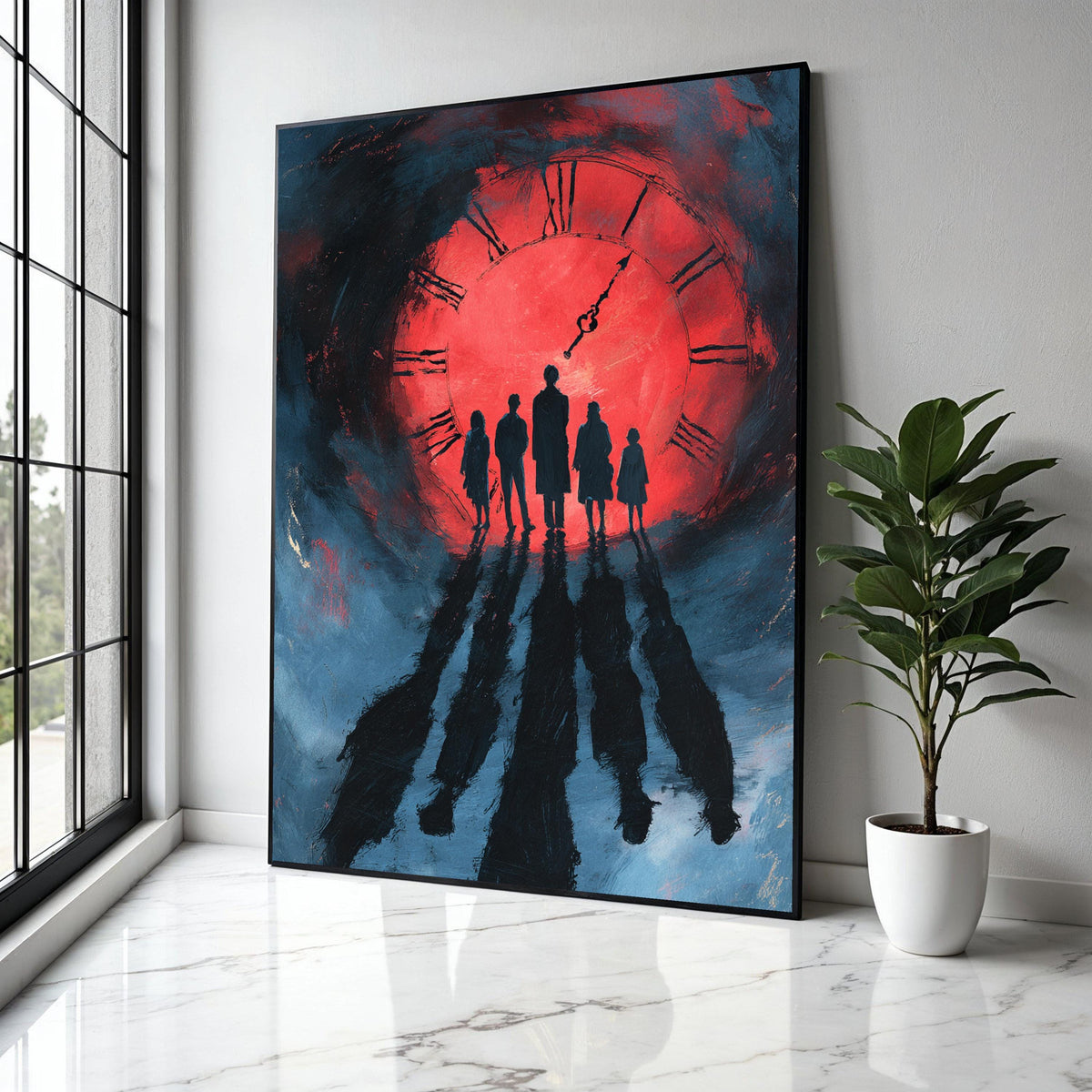Silhouetted Figures at Red Clock Canvas, Dramatic Shadow Wall Art, Time Concept Painting, Modern Home Decor Gift Art, Home Decor, Print
