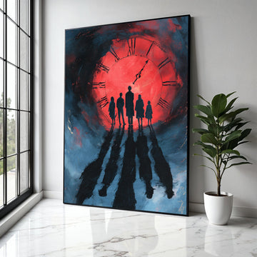 Silhouetted Figures at Red Clock Canvas, Dramatic Shadow Wall Art, Time Concept Painting, Modern Home Decor Gift Art, Home Decor, Print