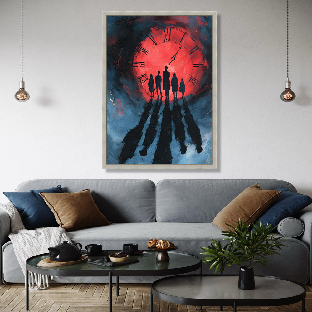 Silhouetted Figures at Red Clock Canvas, Dramatic Shadow Wall Art, Time Concept Painting, Modern Home Decor Gift Art, Home Decor, Print