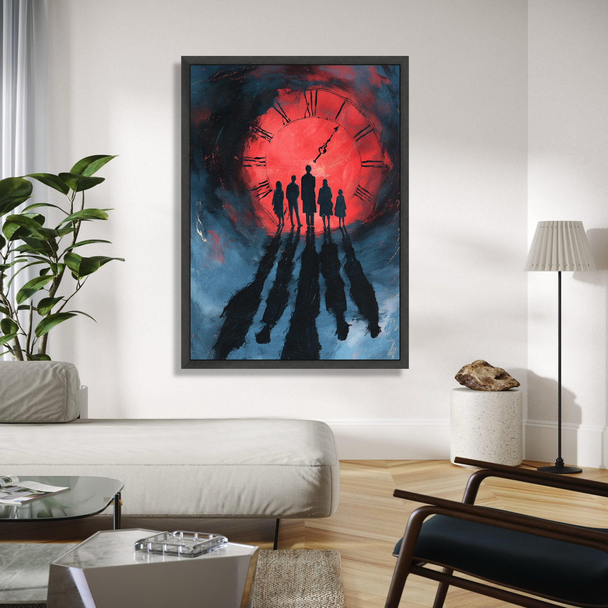 Silhouetted Figures at Red Clock Canvas, Dramatic Shadow Wall Art, Time Concept Painting, Modern Home Decor Gift Art, Home Decor, Print