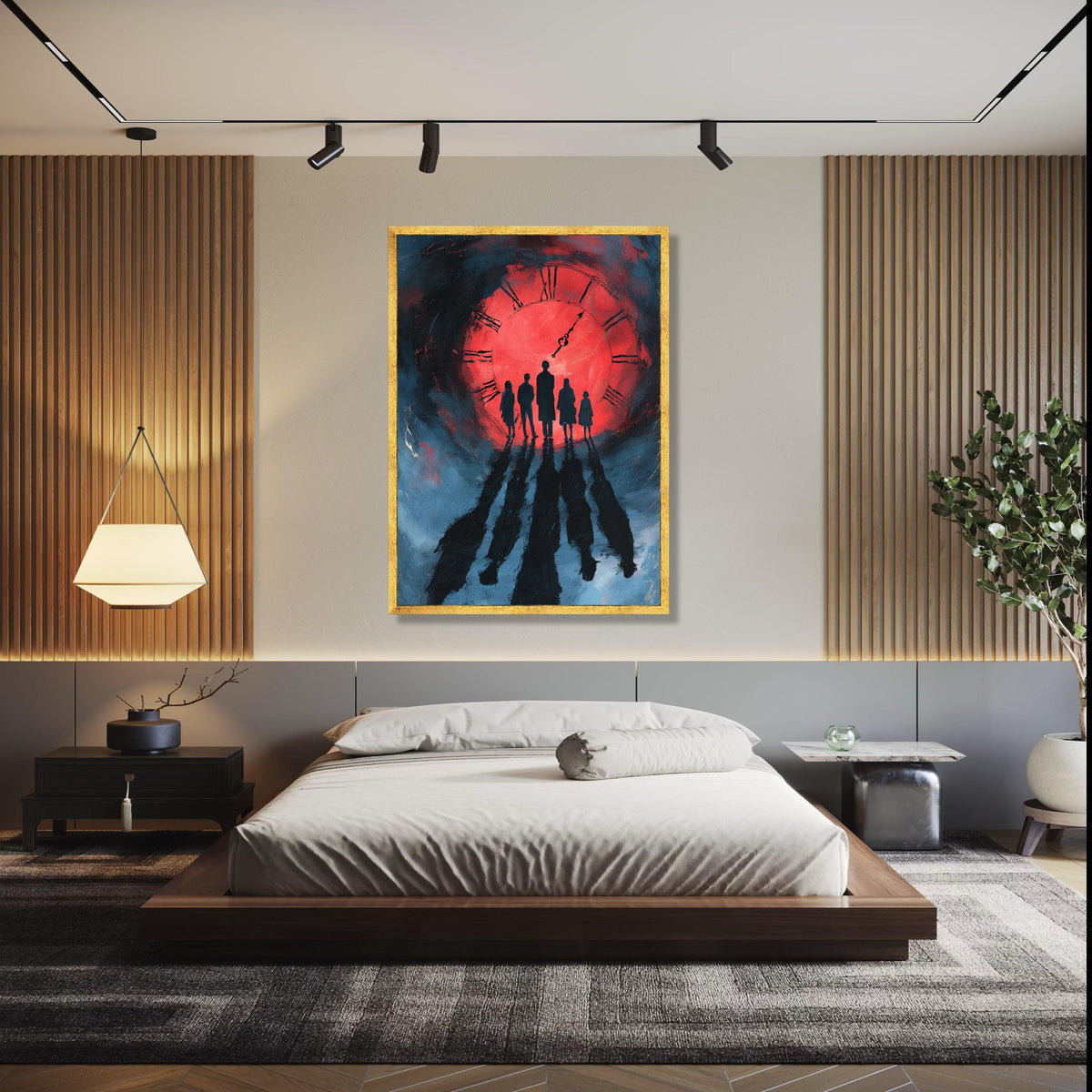 Silhouetted Figures at Red Clock Canvas, Dramatic Shadow Wall Art, Time Concept Painting, Modern Home Decor Gift Art, Home Decor, Print