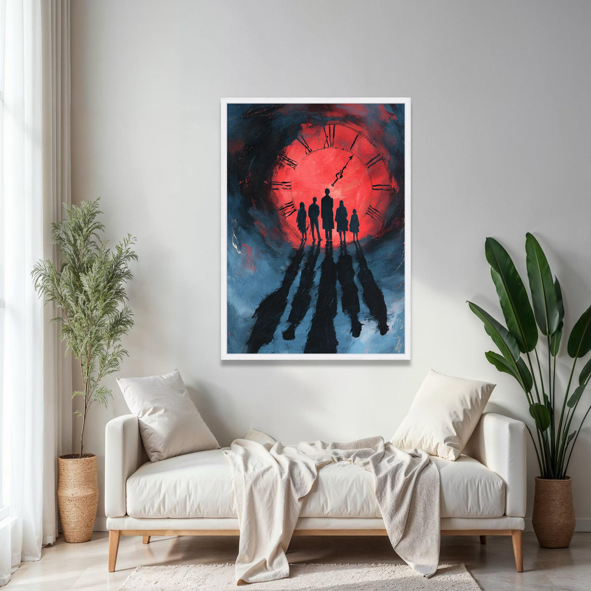 Silhouetted Figures at Red Clock Canvas, Dramatic Shadow Wall Art, Time Concept Painting, Modern Home Decor Gift Art, Home Decor, Print