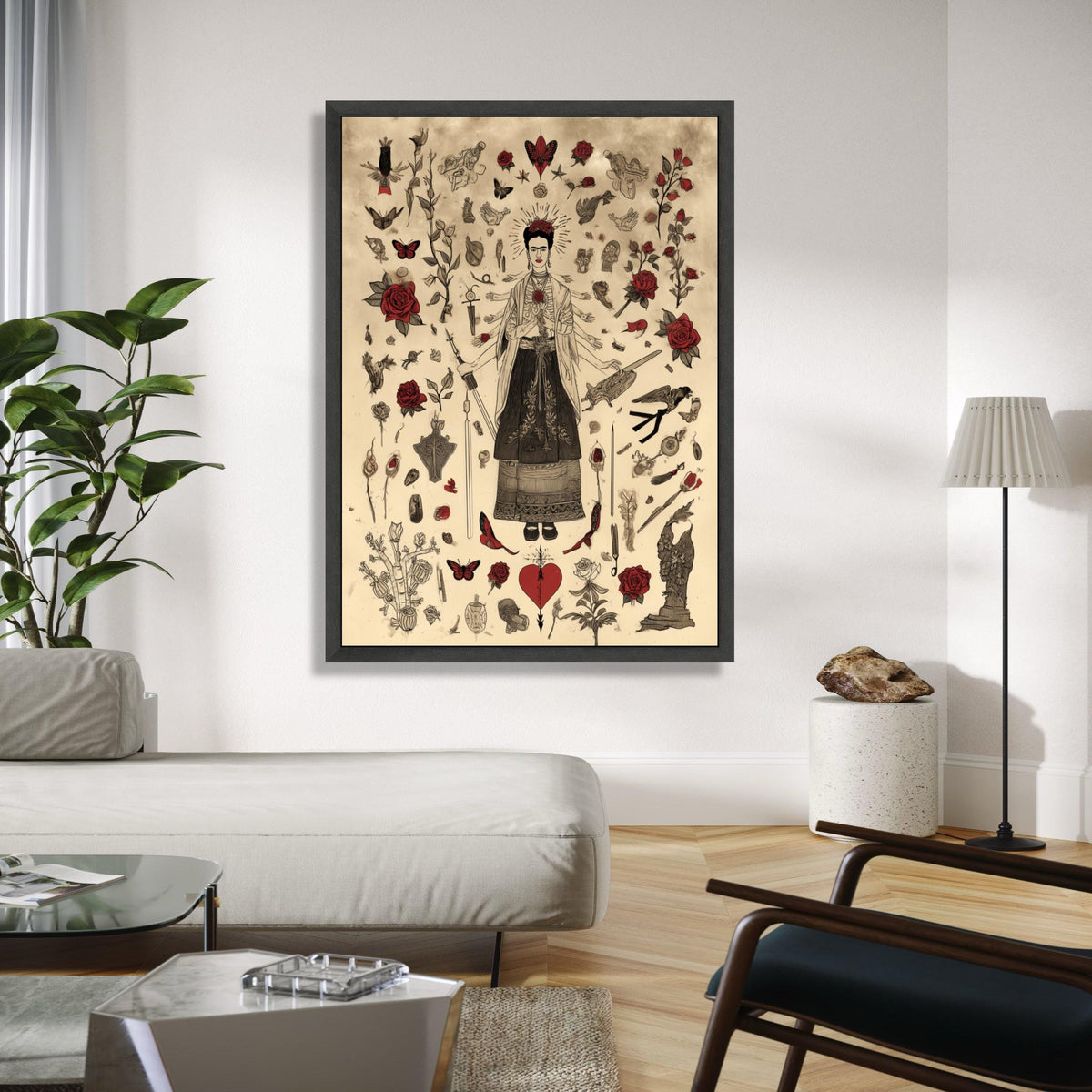 Frida Kahlo Inspired Art, Surreal Mexican Icon Canvas, Red Roses & Butterflies, Feminine Strength Wall Art, Home Gift Art, Home Decor, Print