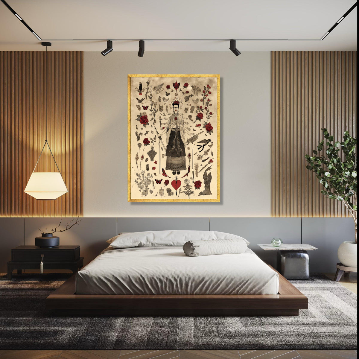 Frida Kahlo Inspired Art, Surreal Mexican Icon Canvas, Red Roses & Butterflies, Feminine Strength Wall Art, Home Gift Art, Home Decor, Print
