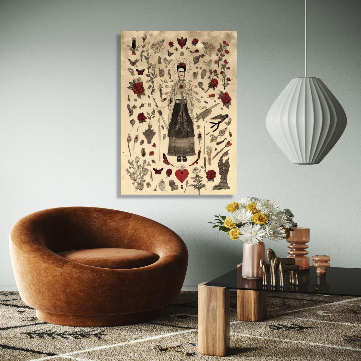 Frida Kahlo Inspired Art, Surreal Mexican Icon Canvas, Red Roses & Butterflies, Feminine Strength Wall Art, Home Gift Art, Home Decor, Print