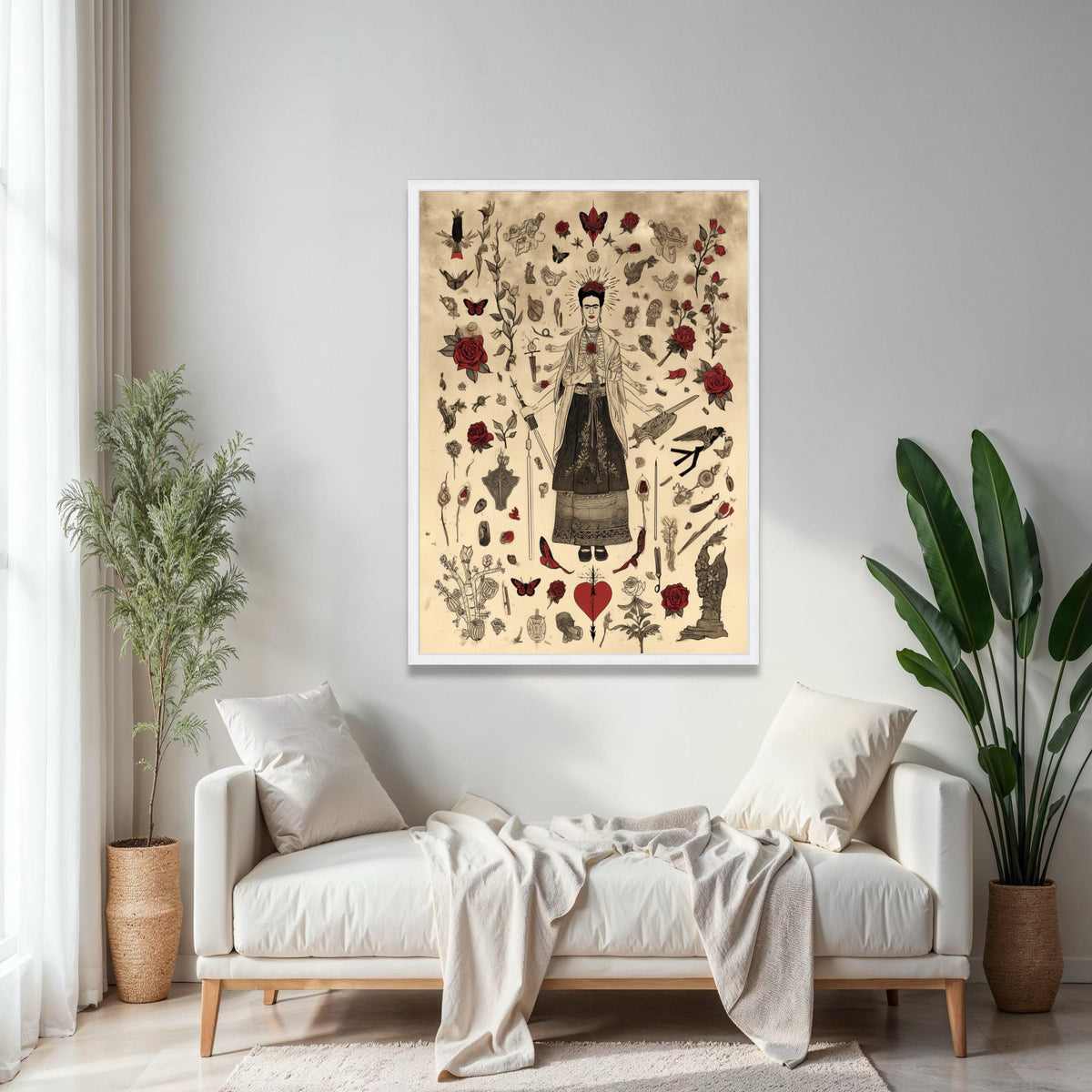 Frida Kahlo Inspired Art, Surreal Mexican Icon Canvas, Red Roses & Butterflies, Feminine Strength Wall Art, Home Gift Art, Home Decor, Print