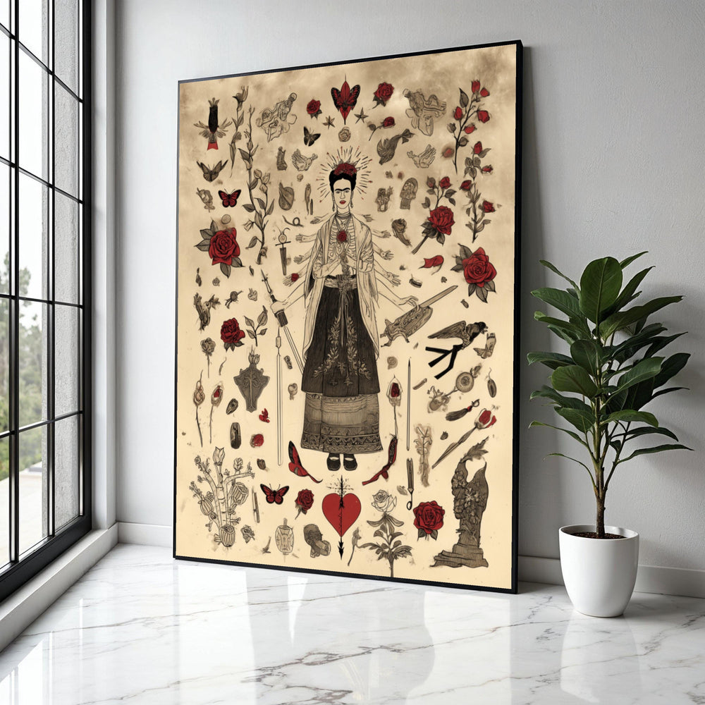 Frida Kahlo Inspired Art, Surreal Mexican Icon Canvas, Red Roses & Butterflies, Feminine Strength Wall Art, Home Gift Art, Home Decor, Print