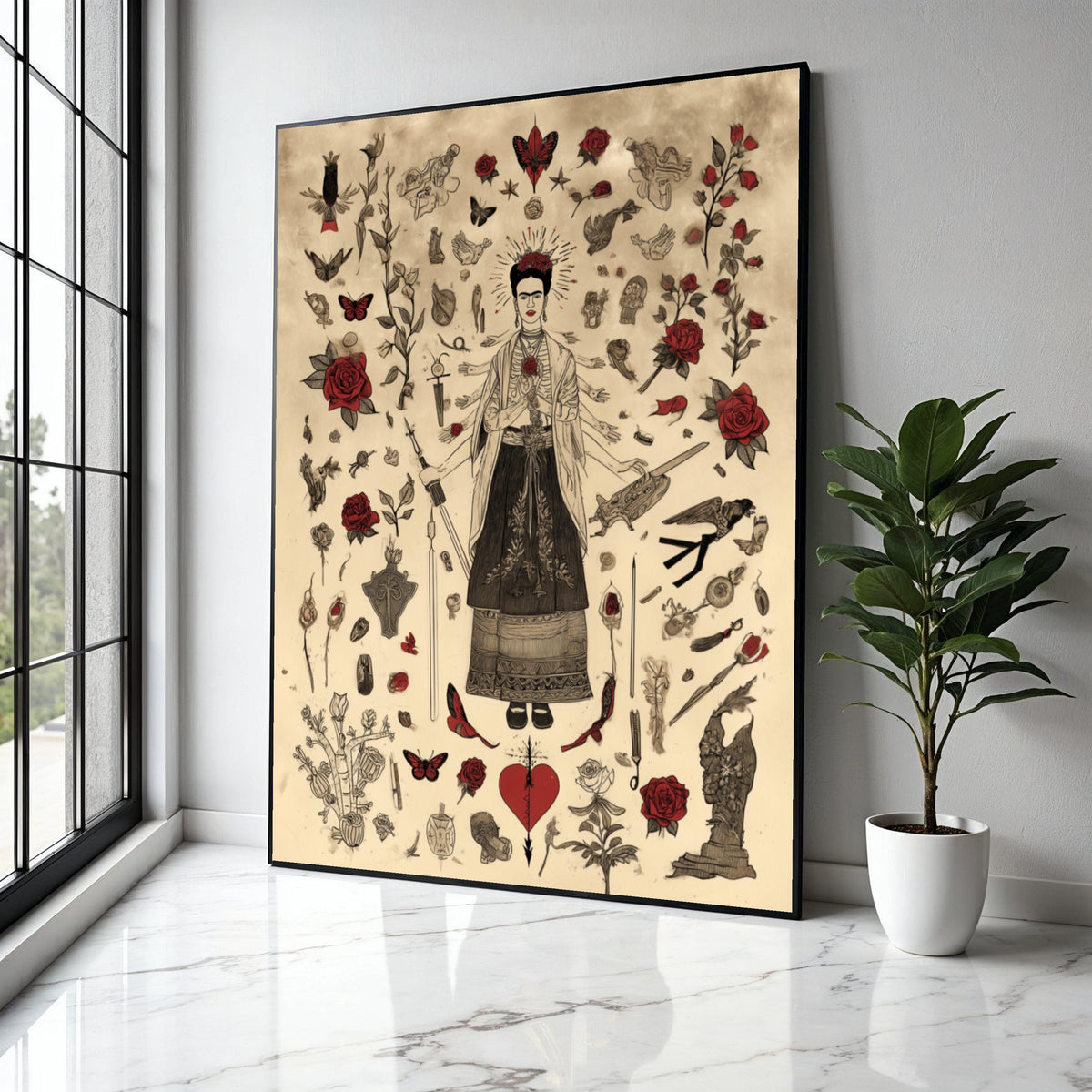 Frida Kahlo Inspired Art, Surreal Mexican Icon Canvas, Red Roses & Butterflies, Feminine Strength Wall Art, Home Gift Art, Home Decor, Print