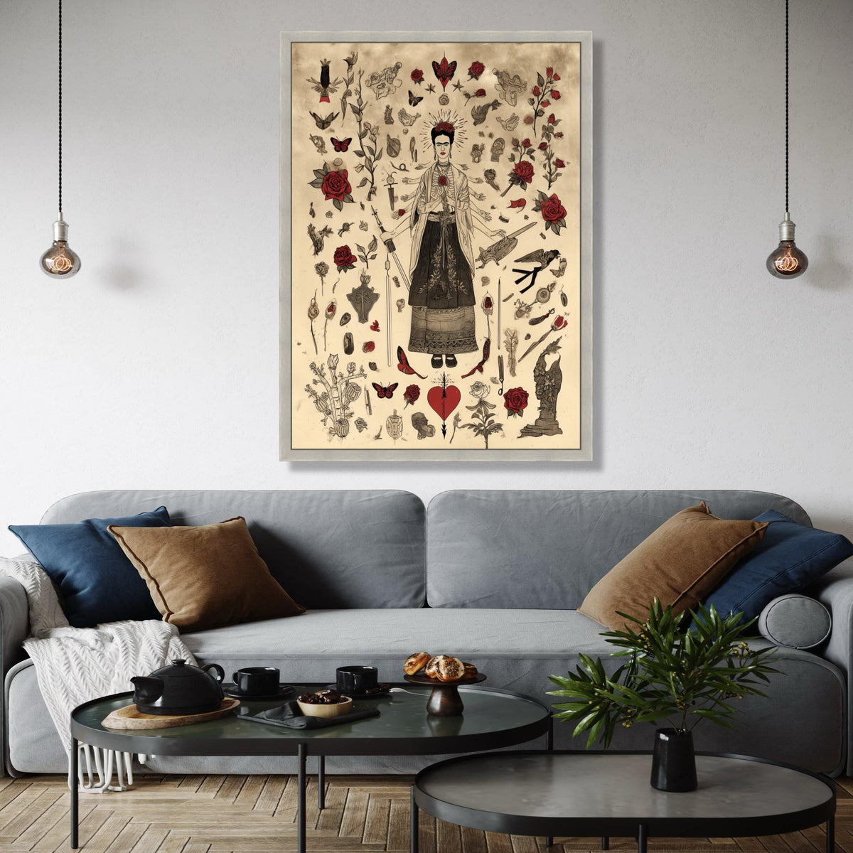 Frida Kahlo Inspired Art, Surreal Mexican Icon Canvas, Red Roses & Butterflies, Feminine Strength Wall Art, Home Gift Art, Home Decor, Print