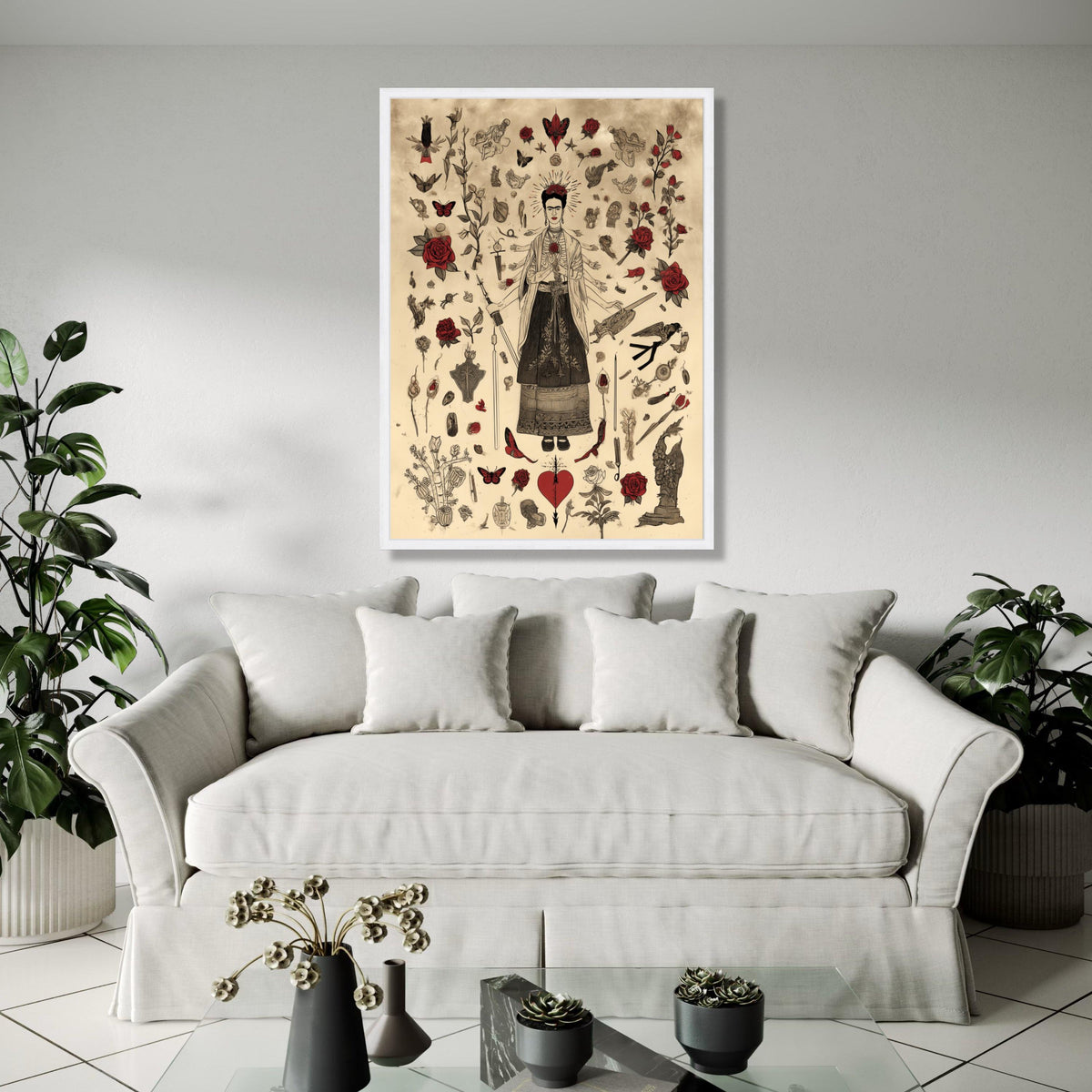 Frida Kahlo Inspired Art, Surreal Mexican Icon Canvas, Red Roses & Butterflies, Feminine Strength Wall Art, Home Gift Art, Home Decor, Print