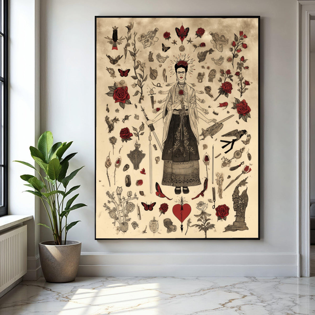 Frida Kahlo Inspired Art, Surreal Mexican Icon Canvas, Red Roses & Butterflies, Feminine Strength Wall Art, Home Gift Art, Home Decor, Print