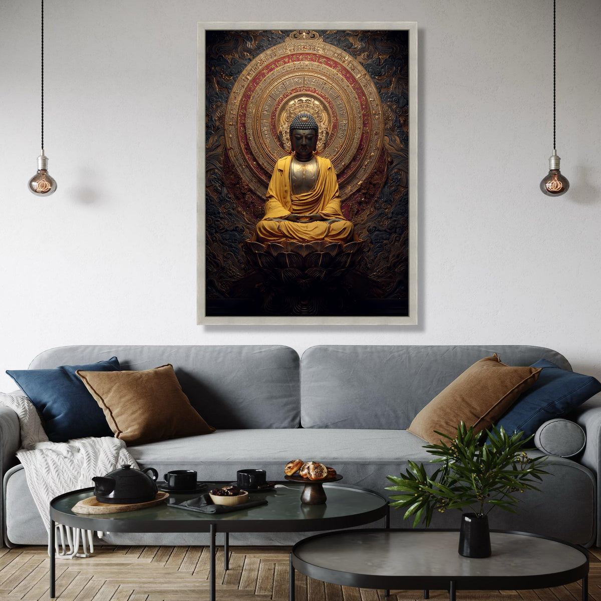 Golden Buddha Meditation Statue Canvas, Spiritual Wall Art, Asian Religious Decor, Lotus Flower Art, Zen Home Gift Art, Home Decor, Print