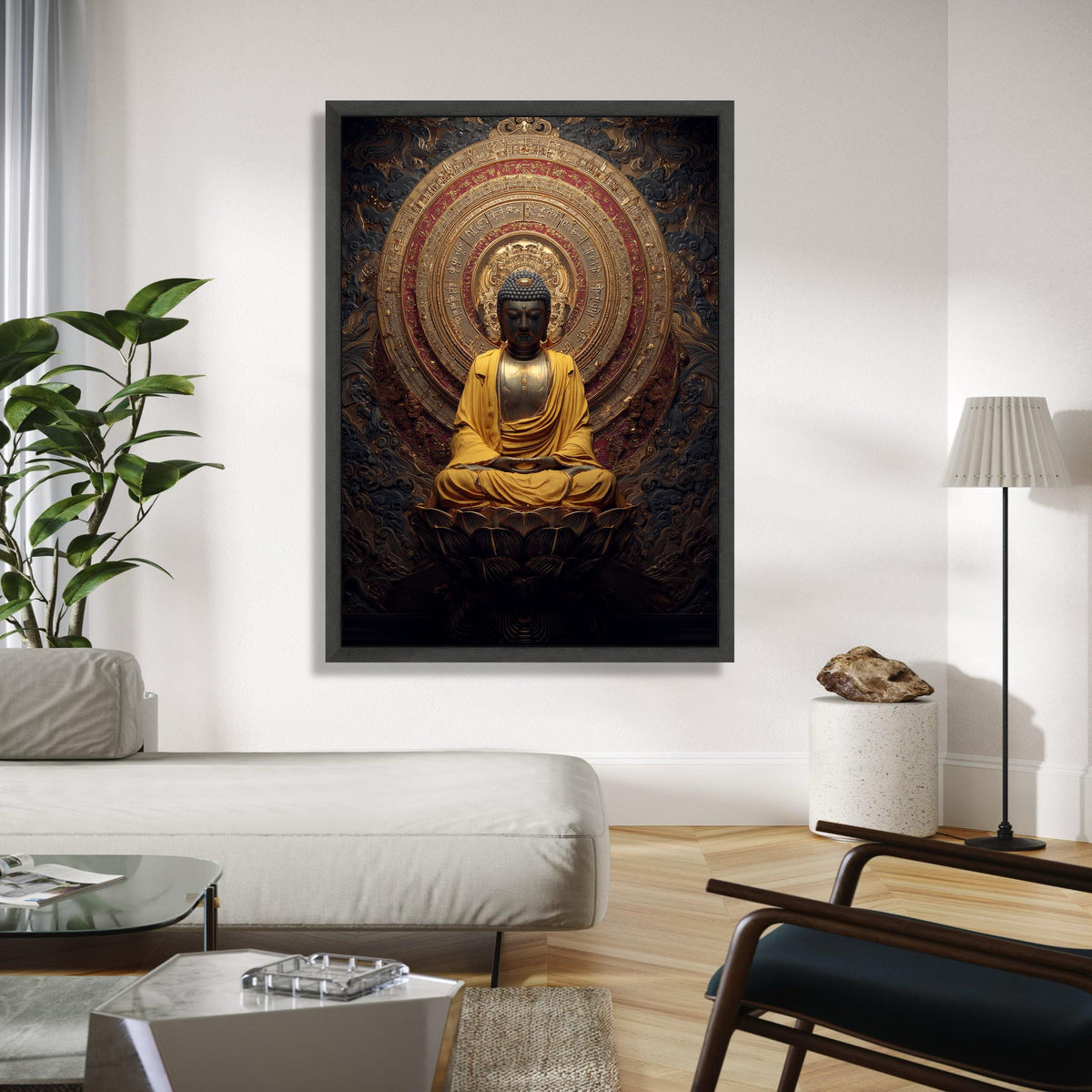 Golden Buddha Meditation Statue Canvas, Spiritual Wall Art, Asian Religious Decor, Lotus Flower Art, Zen Home Gift Art, Home Decor, Print