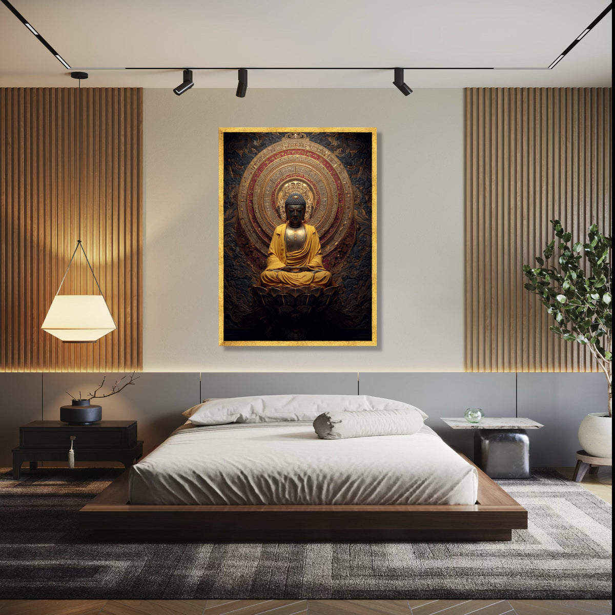 Golden Buddha Meditation Statue Canvas, Spiritual Wall Art, Asian Religious Decor, Lotus Flower Art, Zen Home Gift Art, Home Decor, Print