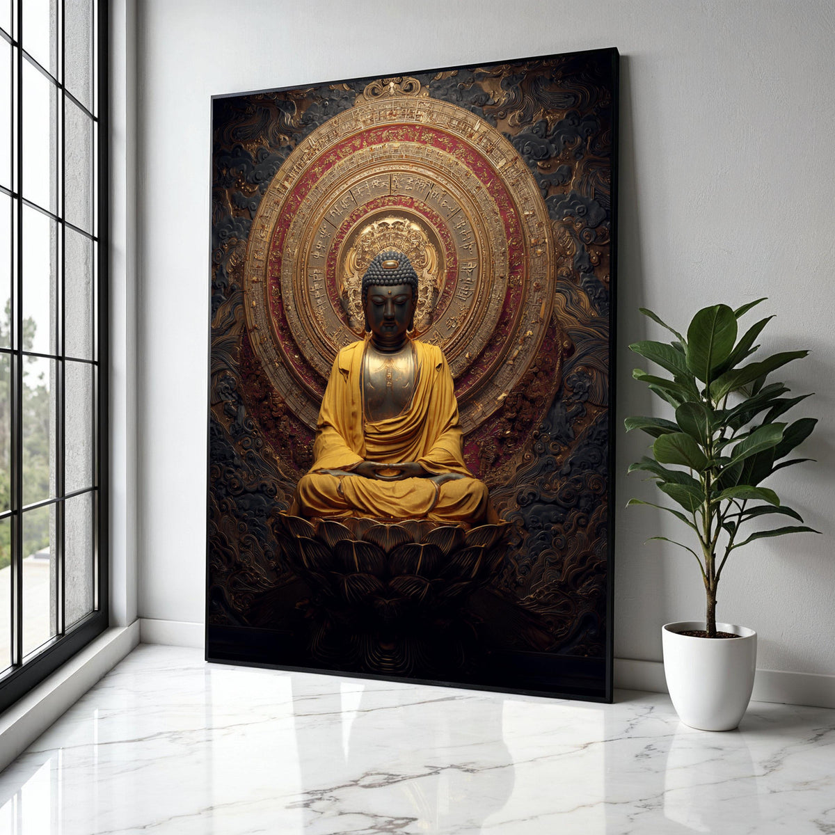 Golden Buddha Meditation Statue Canvas, Spiritual Wall Art, Asian Religious Decor, Lotus Flower Art, Zen Home Gift Art, Home Decor, Print