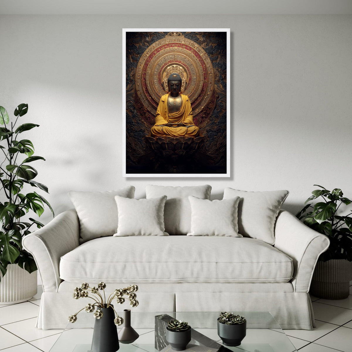 Golden Buddha Meditation Statue Canvas, Spiritual Wall Art, Asian Religious Decor, Lotus Flower Art, Zen Home Gift Art, Home Decor, Print
