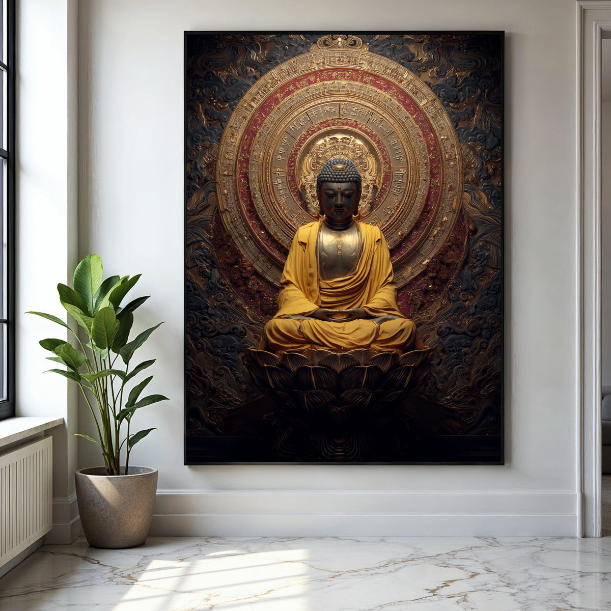 Golden Buddha Meditation Statue Canvas, Spiritual Wall Art, Asian Religious Decor, Lotus Flower Art, Zen Home Gift Art, Home Decor, Print