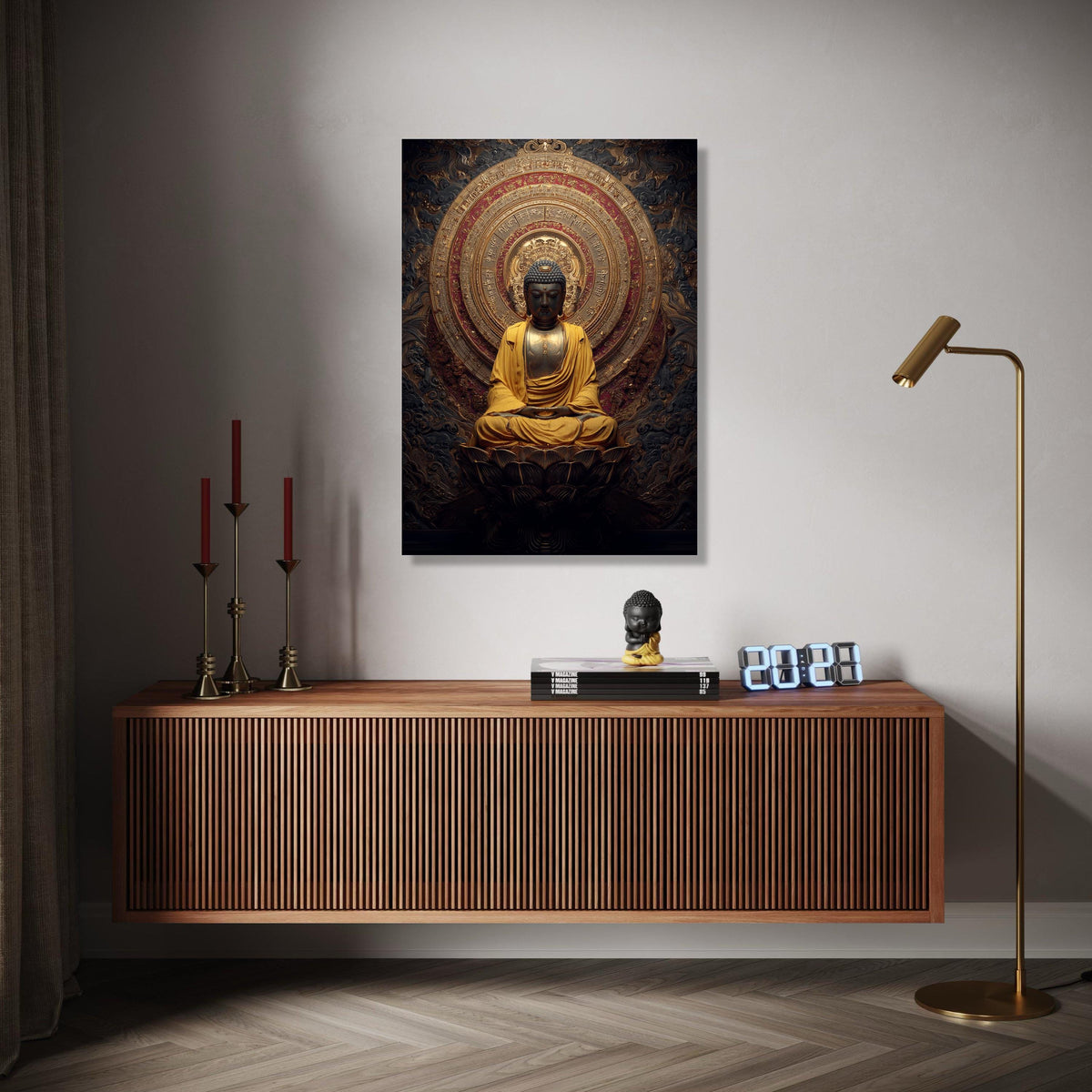 Golden Buddha Meditation Statue Canvas, Spiritual Wall Art, Asian Religious Decor, Lotus Flower Art, Zen Home Gift Art, Home Decor, Print