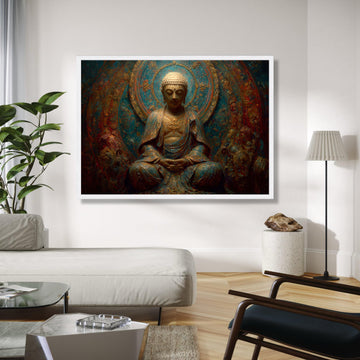 Serene Buddha Meditation Statue, Vintage Asian Canvas Wall Art, Spiritual Zen Home Decor, Intricate Gold and Gift Art, Home Decor, Print
