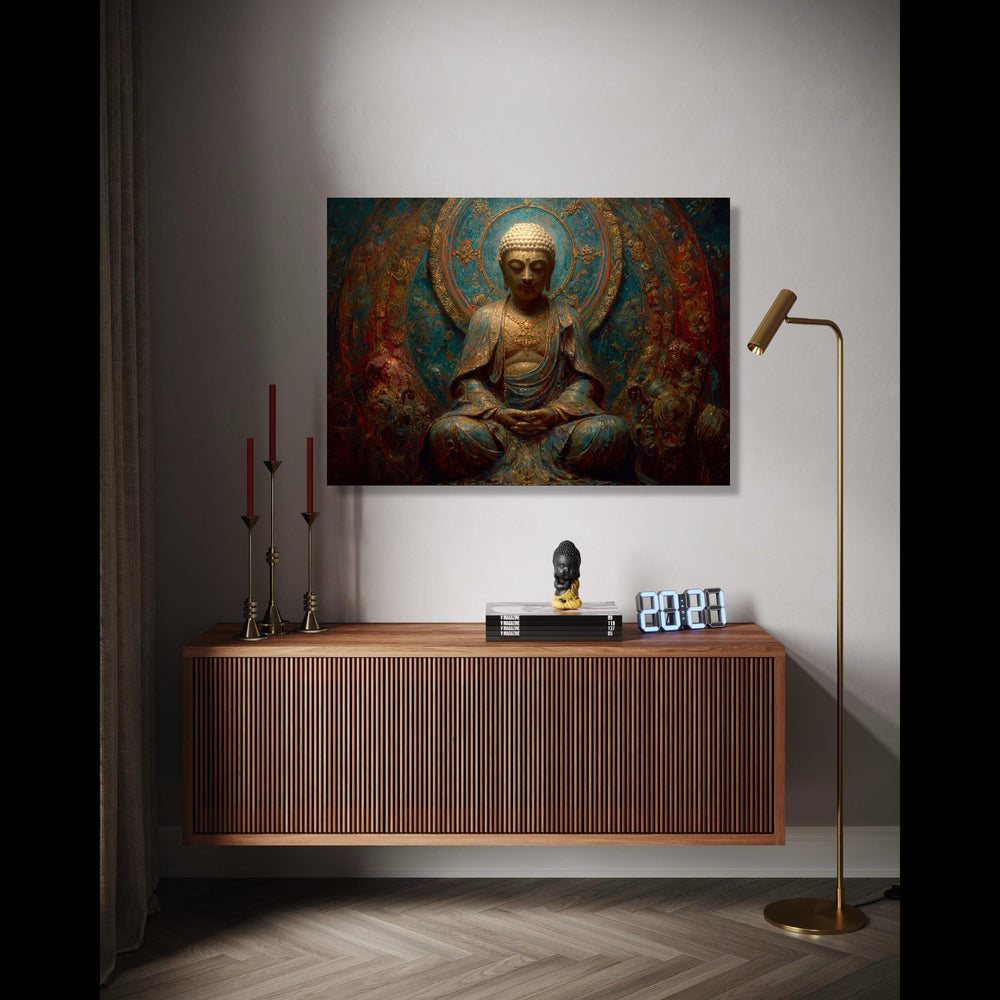 Serene Buddha Meditation Statue, Vintage Asian Canvas Wall Art, Spiritual Zen Home Decor, Intricate Gold and Gift Art, Home Decor, Print