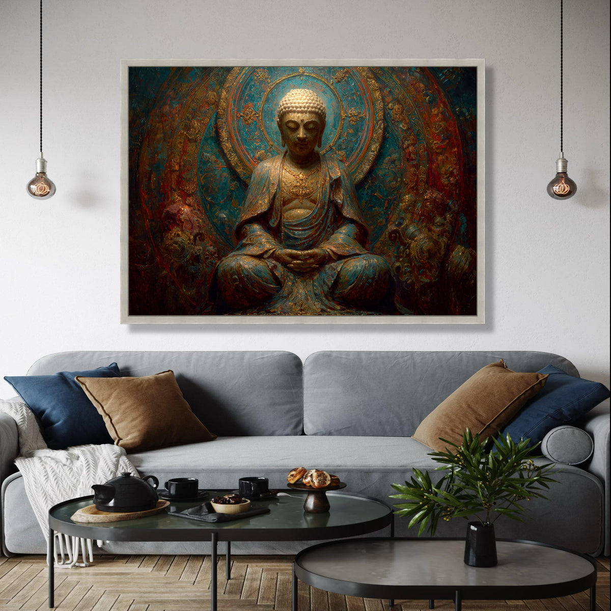 Serene Buddha Meditation Statue, Vintage Asian Canvas Wall Art, Spiritual Zen Home Decor, Intricate Gold and Gift Art, Home Decor, Print