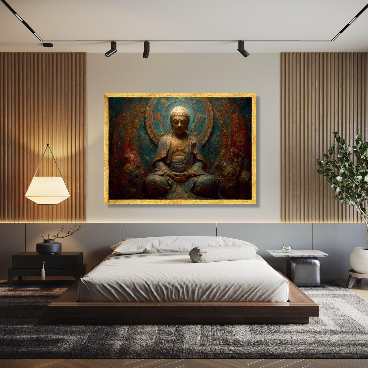 Serene Buddha Meditation Statue, Vintage Asian Canvas Wall Art, Spiritual Zen Home Decor, Intricate Gold and Gift Art, Home Decor, Print