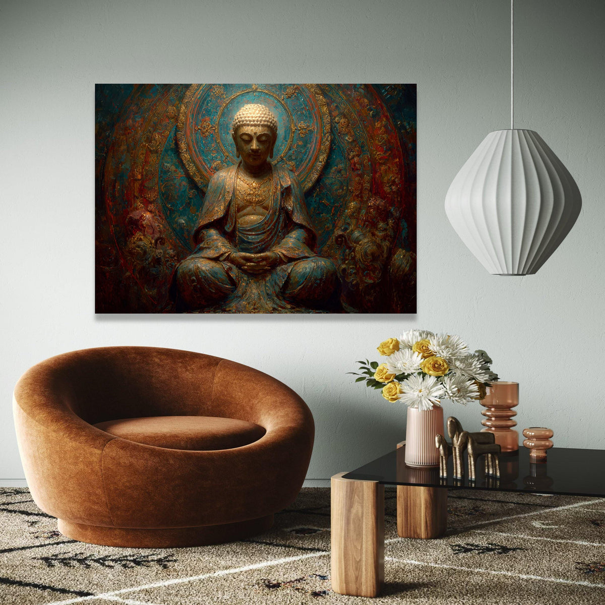 Serene Buddha Meditation Statue, Vintage Asian Canvas Wall Art, Spiritual Zen Home Decor, Intricate Gold and Gift Art, Home Decor, Print