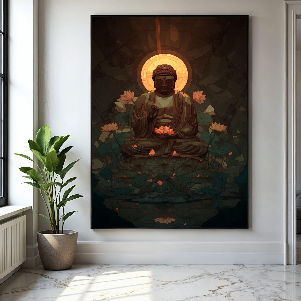 Serene Buddha Meditation Canvas, Lotus Flower Spiritual Wall Art, Calm Zen Home Decor, Tranquil Buddhist Canvas Gift Art, Home Decor, Print