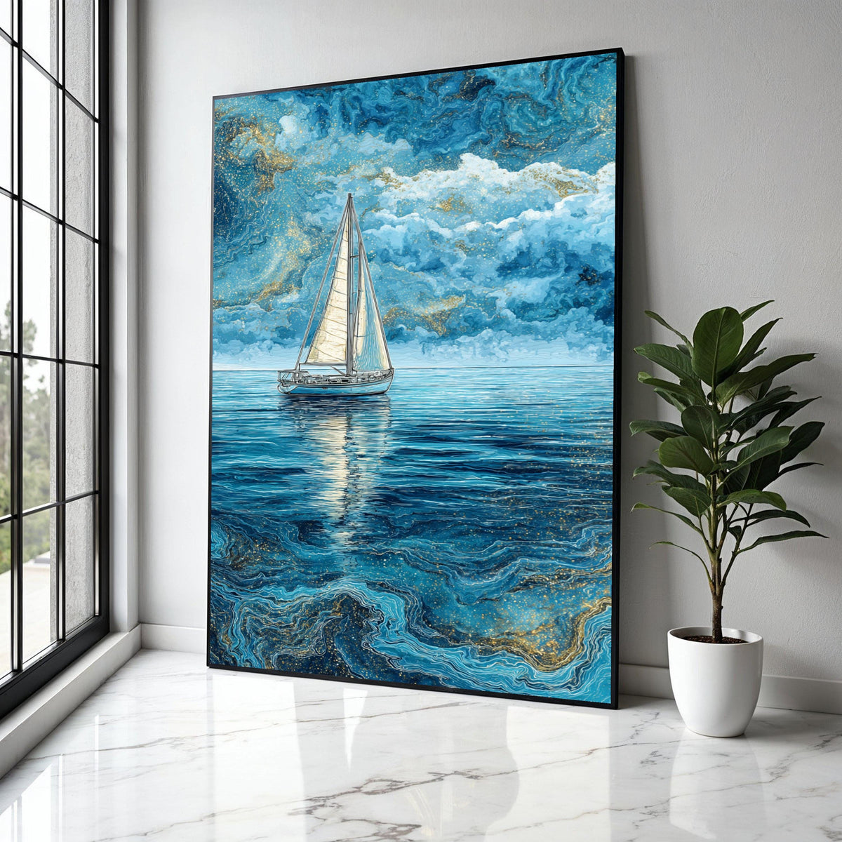 Tranquil Sailboat on Blue Ocean, Abstract Nautical Canvas, Sea Reflection Wall Art, Marine Landscape Painting, Gift Art, Home Decor, Print