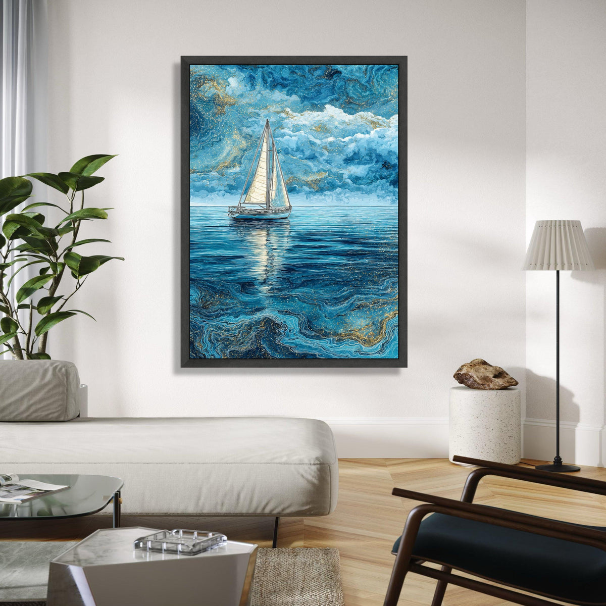 Tranquil Sailboat on Blue Ocean, Abstract Nautical Canvas, Sea Reflection Wall Art, Marine Landscape Painting, Gift Art, Home Decor, Print