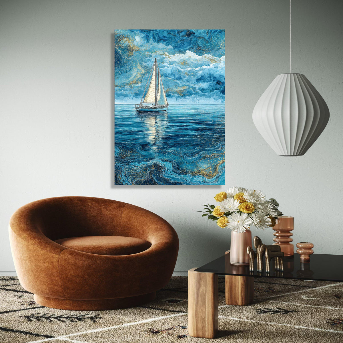 Tranquil Sailboat on Blue Ocean, Abstract Nautical Canvas, Sea Reflection Wall Art, Marine Landscape Painting, Gift Art, Home Decor, Print