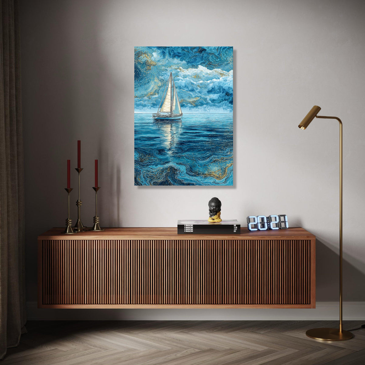 Tranquil Sailboat on Blue Ocean, Abstract Nautical Canvas, Sea Reflection Wall Art, Marine Landscape Painting, Gift Art, Home Decor, Print