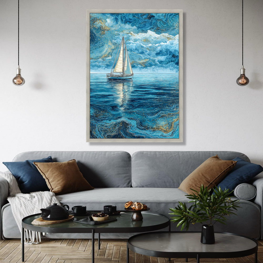 Tranquil Sailboat on Blue Ocean, Abstract Nautical Canvas, Sea Reflection Wall Art, Marine Landscape Painting, Gift Art, Home Decor, Print